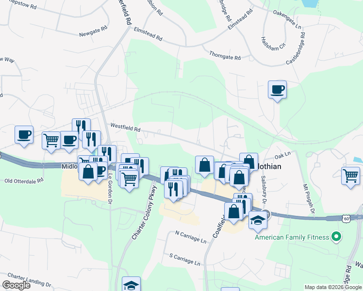 map of restaurants, bars, coffee shops, grocery stores, and more near 13825 Westfield Road in Midlothian