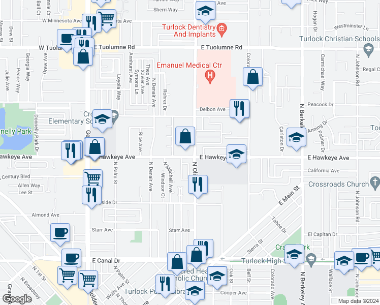 map of restaurants, bars, coffee shops, grocery stores, and more near 777 East Hawkeye Avenue in Turlock