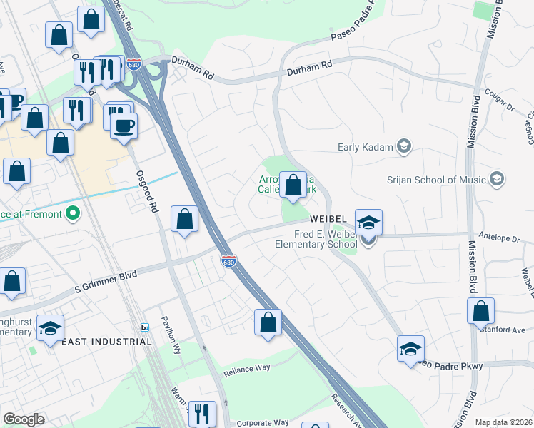 map of restaurants, bars, coffee shops, grocery stores, and more near 44966 Winding Lane in Fremont