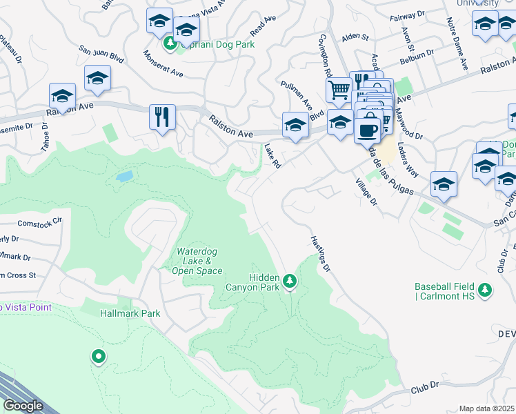 map of restaurants, bars, coffee shops, grocery stores, and more near 2515 Carlmont Drive in Belmont