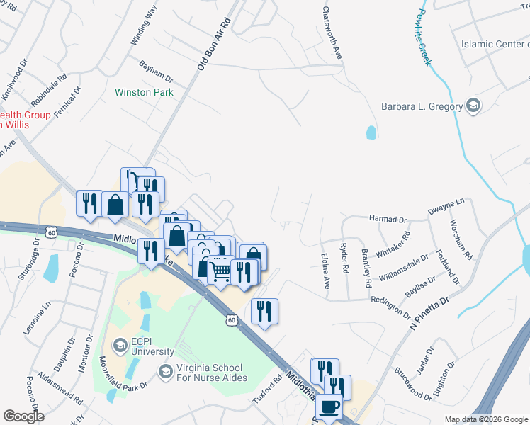 map of restaurants, bars, coffee shops, grocery stores, and more near 9655 Snowhill Road in Richmond