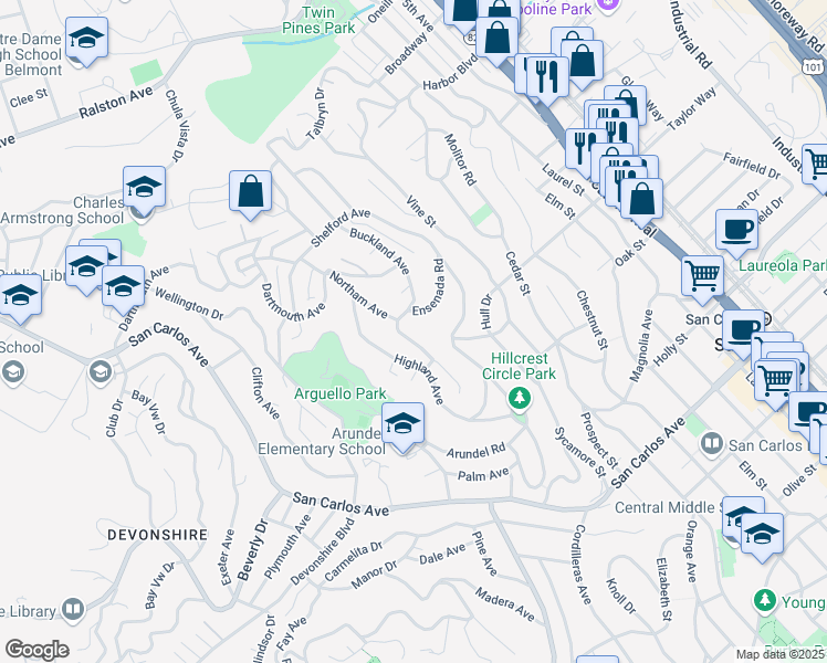 map of restaurants, bars, coffee shops, grocery stores, and more near 58 Northam Avenue in San Carlos