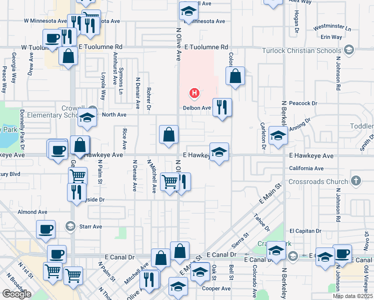 map of restaurants, bars, coffee shops, grocery stores, and more near 861 East Hawkeye Avenue in Turlock