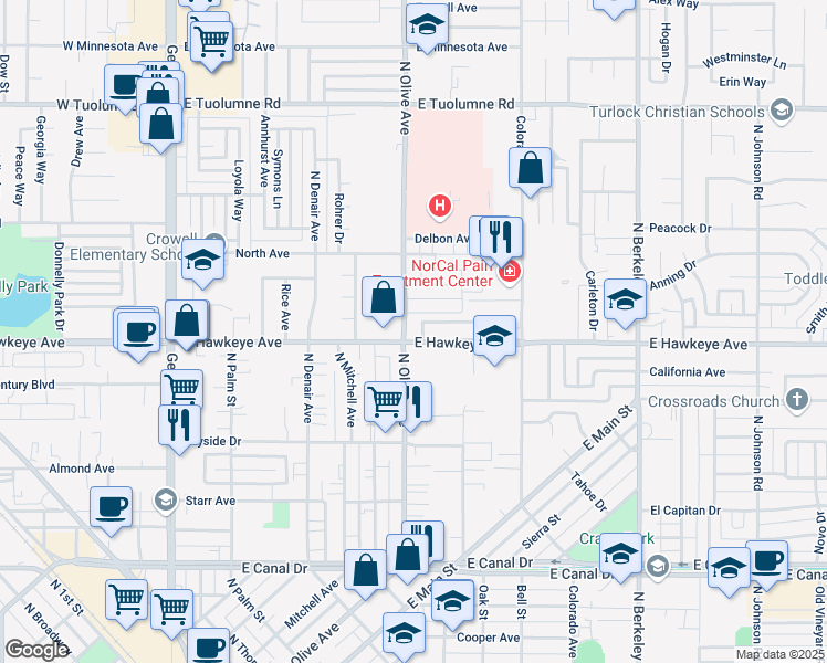 map of restaurants, bars, coffee shops, grocery stores, and more near 777 East Hawkeye Avenue in Turlock