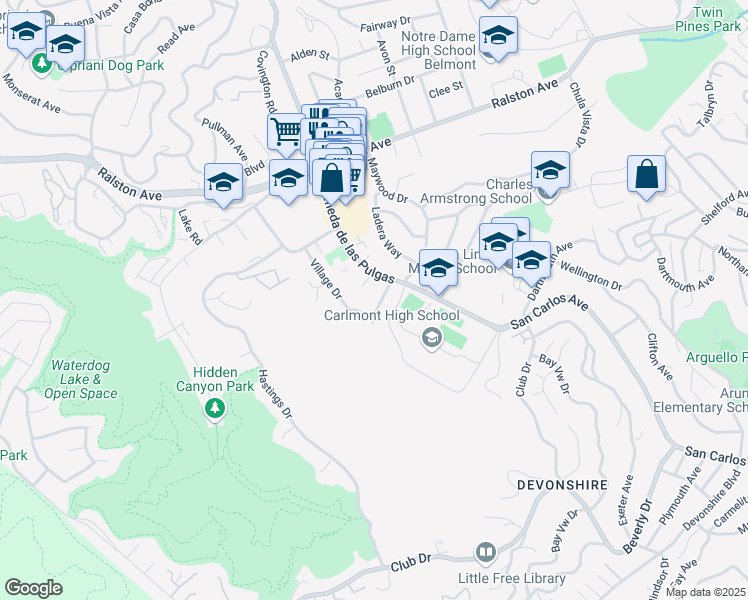 map of restaurants, bars, coffee shops, grocery stores, and more near 2120 Valerga Drive in Belmont