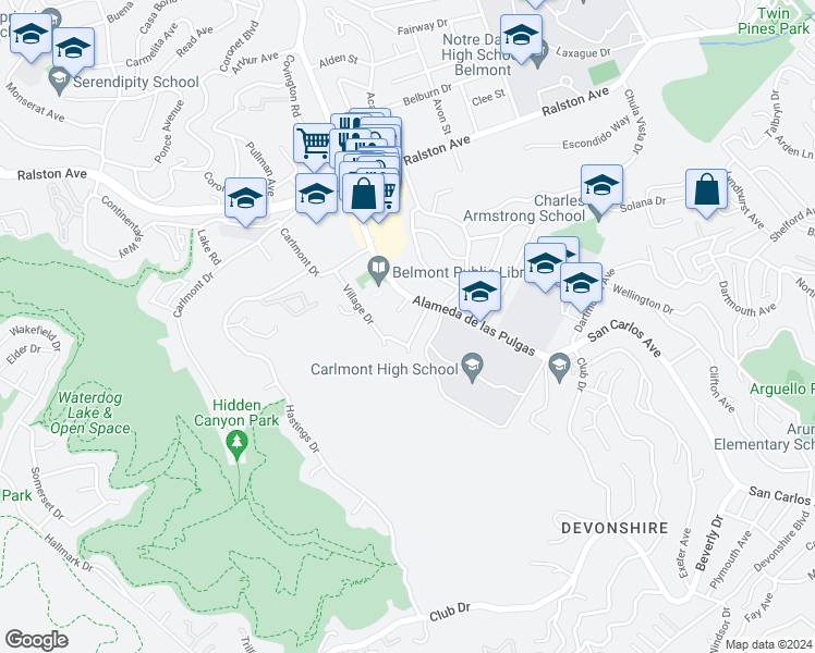 map of restaurants, bars, coffee shops, grocery stores, and more near 2120 Valerga Drive in Belmont
