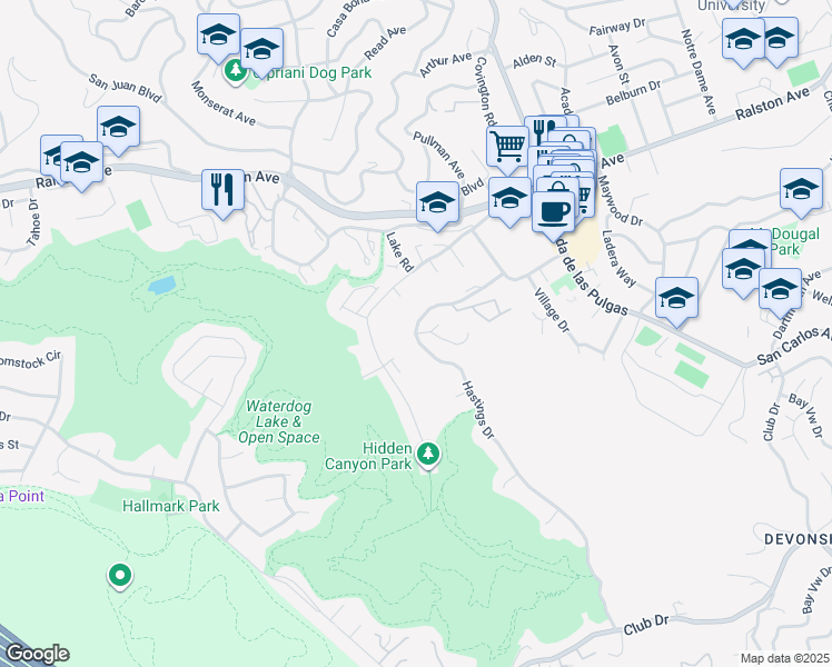 map of restaurants, bars, coffee shops, grocery stores, and more near 2 Cliffside Court in Belmont