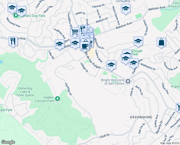 map of restaurants, bars, coffee shops, grocery stores, and more near 1151 Village Drive in Belmont