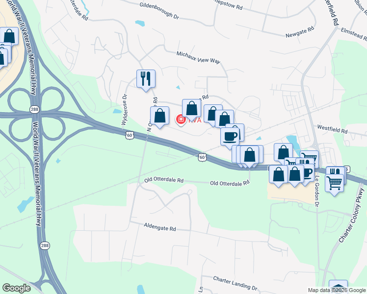 map of restaurants, bars, coffee shops, grocery stores, and more near Midlothian Turnpike in Midlothian