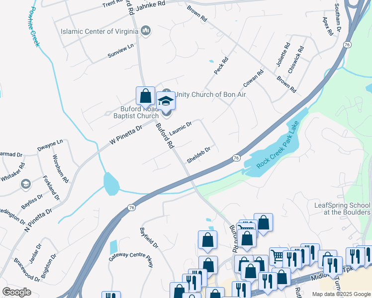 map of restaurants, bars, coffee shops, grocery stores, and more near 8725 Buford Square PIace in Richmond