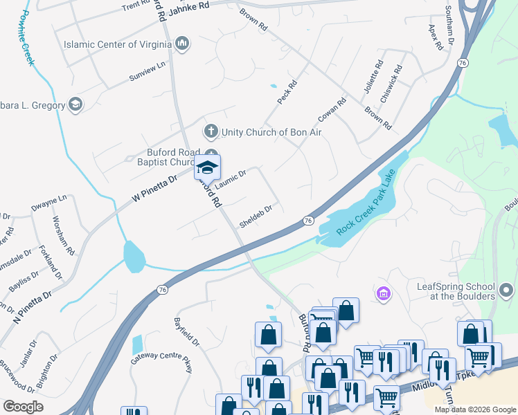 map of restaurants, bars, coffee shops, grocery stores, and more near 8722 Sheldeb Drive in Richmond
