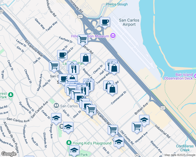 map of restaurants, bars, coffee shops, grocery stores, and more near 751 Bayport Avenue in San Carlos