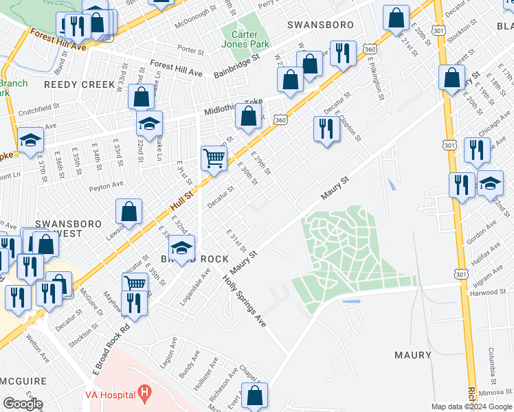 map of restaurants, bars, coffee shops, grocery stores, and more near 3000 Playn Street in Richmond
