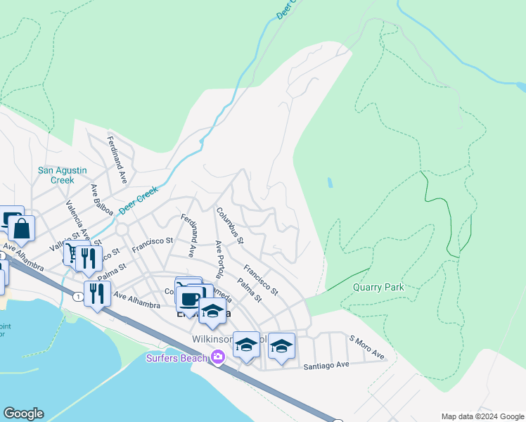 map of restaurants, bars, coffee shops, grocery stores, and more near 148 San Pedro Road in El Granada