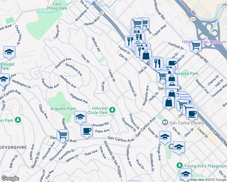 map of restaurants, bars, coffee shops, grocery stores, and more near 263 Vine Street in San Carlos