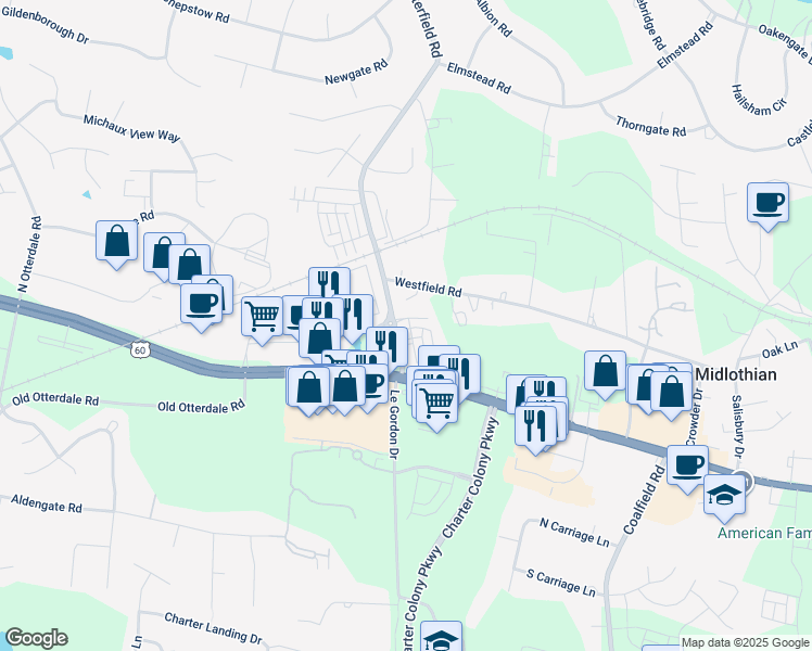 map of restaurants, bars, coffee shops, grocery stores, and more near 1665 Ewing Park Loop in Midlothian