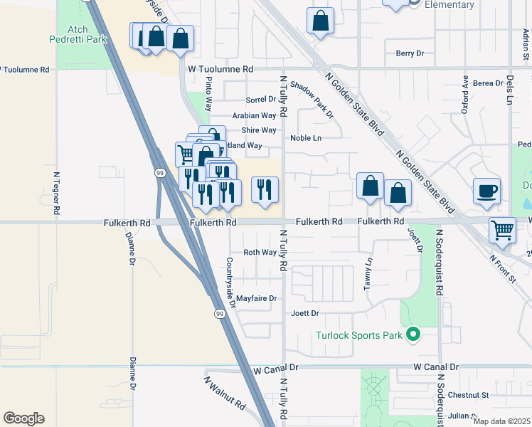 map of restaurants, bars, coffee shops, grocery stores, and more near 2105 Fulkerth Road in Turlock