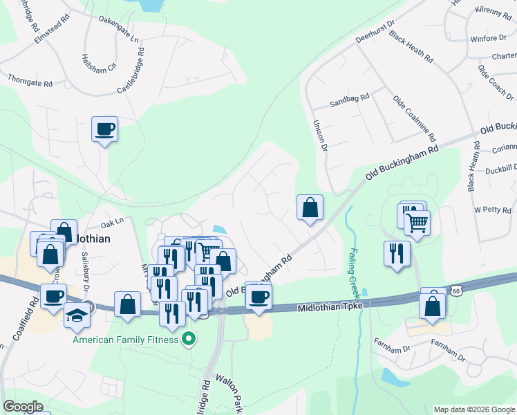 map of restaurants, bars, coffee shops, grocery stores, and more near 12707 Southwick Place in Midlothian