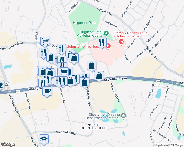 map of restaurants, bars, coffee shops, grocery stores, and more near 10800 Midlothian Turnpike in Richmond