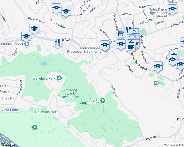 map of restaurants, bars, coffee shops, grocery stores, and more near 2510 Carlmont Drive in Belmont
