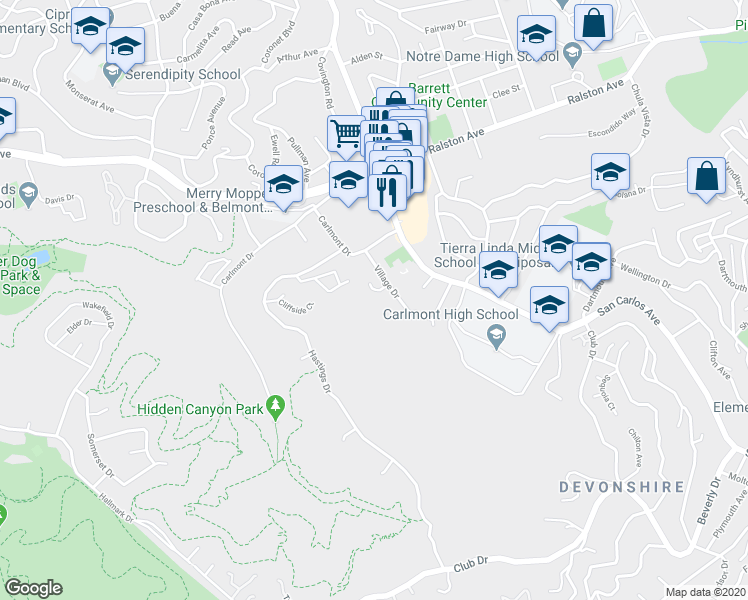 map of restaurants, bars, coffee shops, grocery stores, and more near 2231 Village Court in Belmont