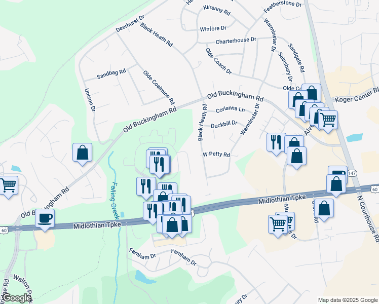 map of restaurants, bars, coffee shops, grocery stores, and more near 1904 Walmart Way in Midlothian