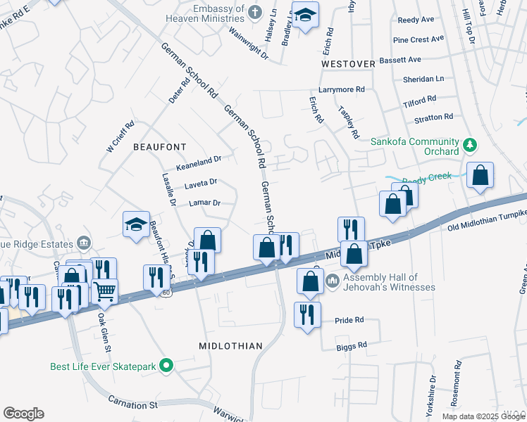 map of restaurants, bars, coffee shops, grocery stores, and more near 200 German School Road in Richmond