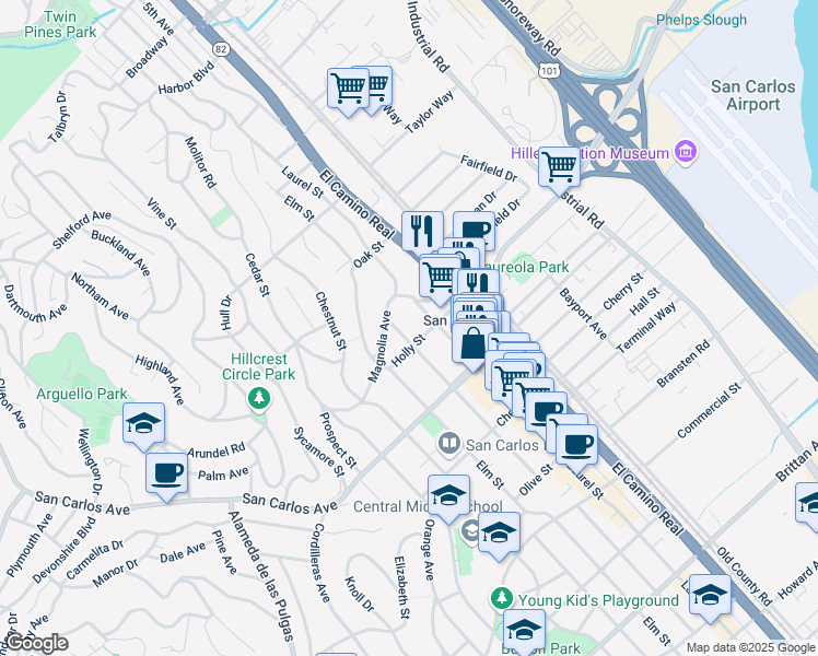 map of restaurants, bars, coffee shops, grocery stores, and more near 435 Walnut Street in San Carlos