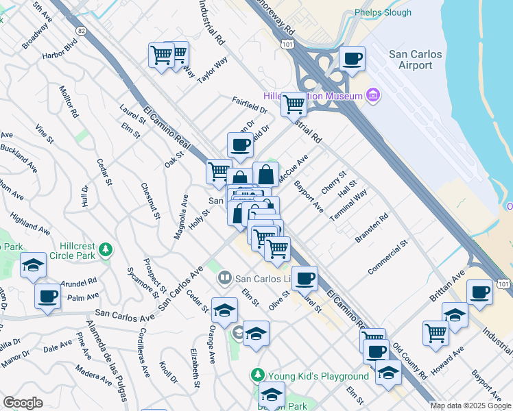 map of restaurants, bars, coffee shops, grocery stores, and more near in San Carlos