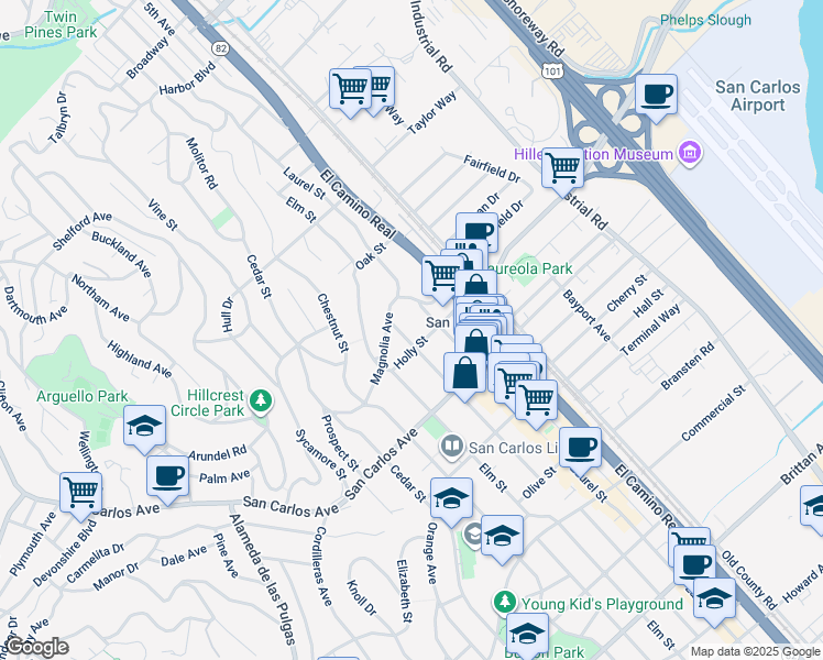map of restaurants, bars, coffee shops, grocery stores, and more near 435 Walnut Street in San Carlos