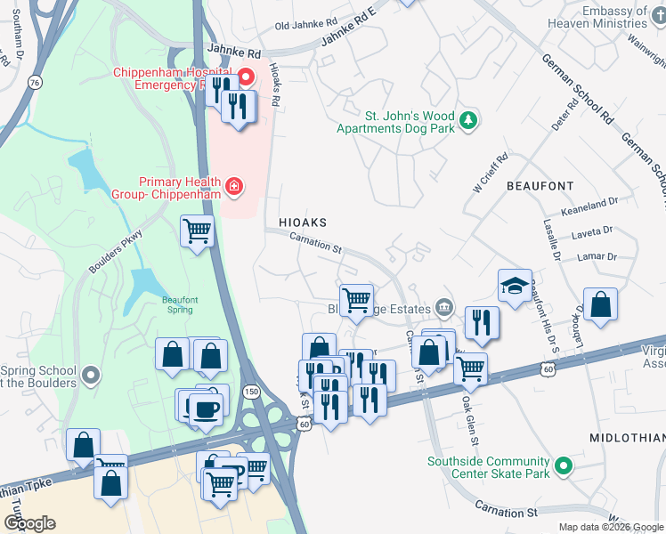 map of restaurants, bars, coffee shops, grocery stores, and more near 6833 Carnation Street in Richmond
