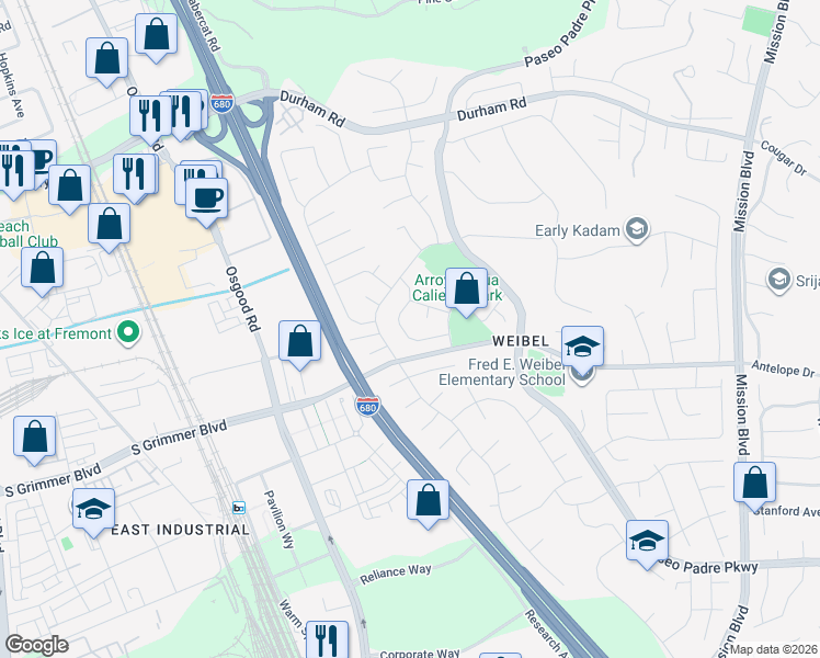 map of restaurants, bars, coffee shops, grocery stores, and more near 44916 Winding Lane in Fremont