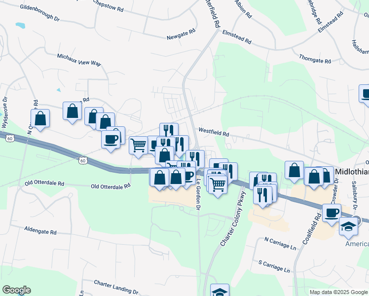 map of restaurants, bars, coffee shops, grocery stores, and more near 1104 Winterlake Court in Midlothian