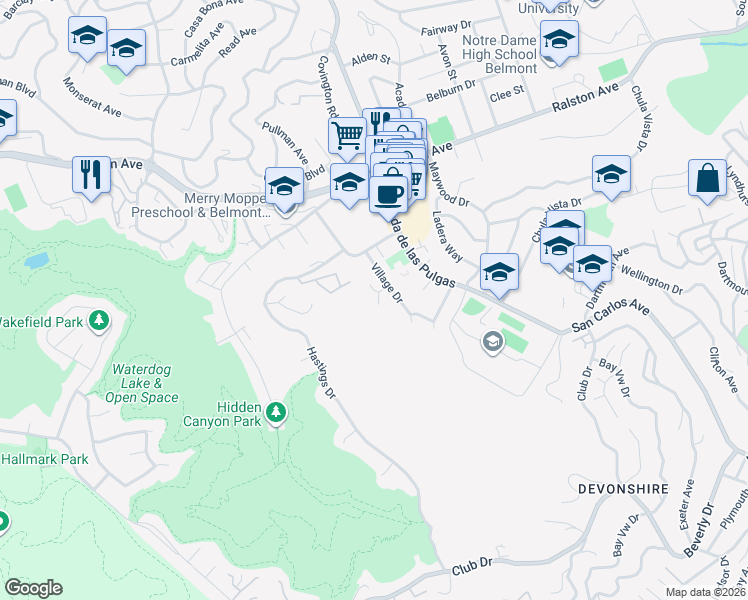map of restaurants, bars, coffee shops, grocery stores, and more near 2221 Village Court in Belmont