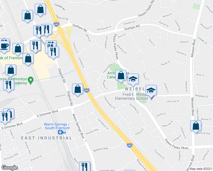 map of restaurants, bars, coffee shops, grocery stores, and more near 44916 Winding Lane in Fremont