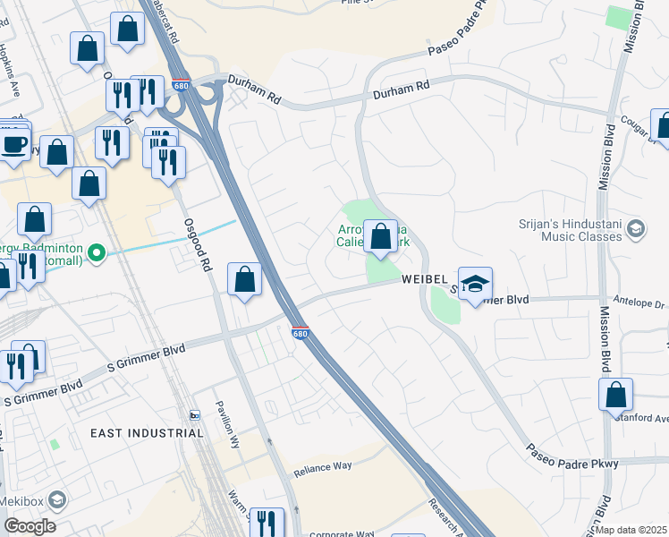 map of restaurants, bars, coffee shops, grocery stores, and more near 44916 Winding Lane in Fremont