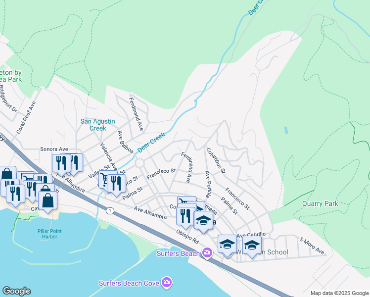 map of restaurants, bars, coffee shops, grocery stores, and more near 401 Avenue Del Oro in El Granada