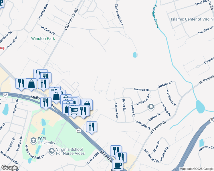 map of restaurants, bars, coffee shops, grocery stores, and more near 9601 Benbow Court in Bon Air