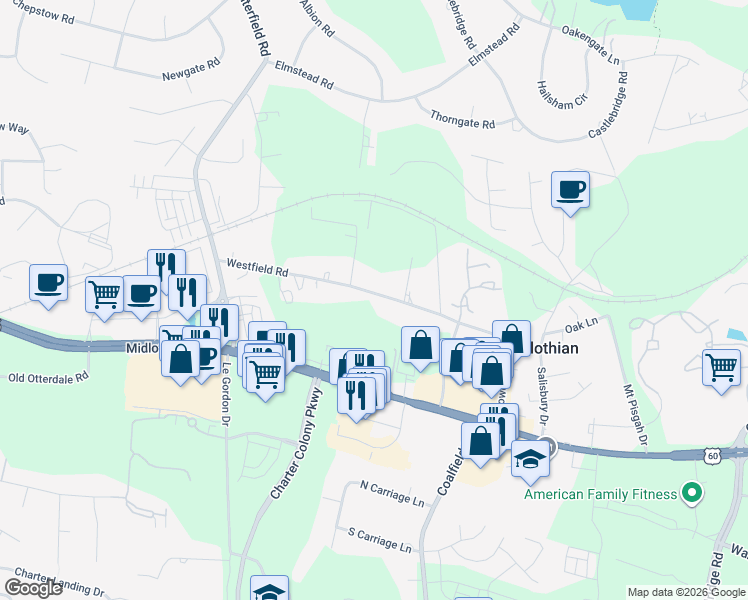 map of restaurants, bars, coffee shops, grocery stores, and more near 13825 Westfield Road in Midlothian