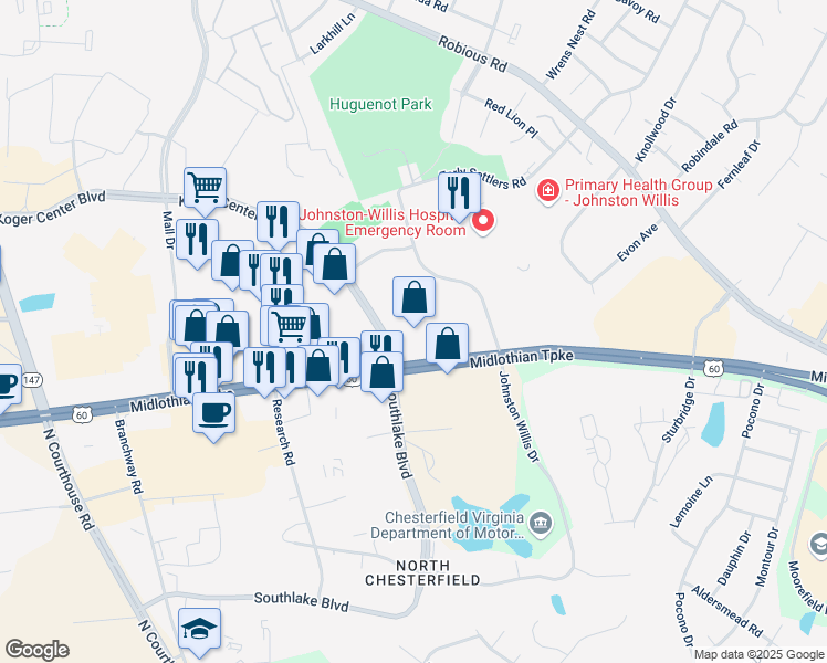 map of restaurants, bars, coffee shops, grocery stores, and more near 10800 Midlothian Turnpike in Richmond