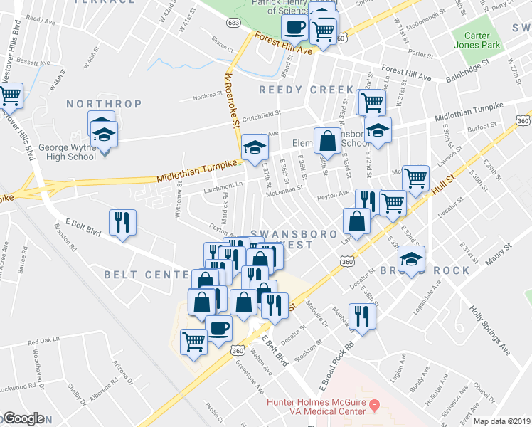 map of restaurants, bars, coffee shops, grocery stores, and more near 103 Larne Avenue in Richmond