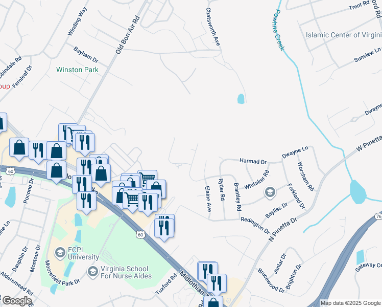 map of restaurants, bars, coffee shops, grocery stores, and more near 9601 Benbow Court in Bon Air