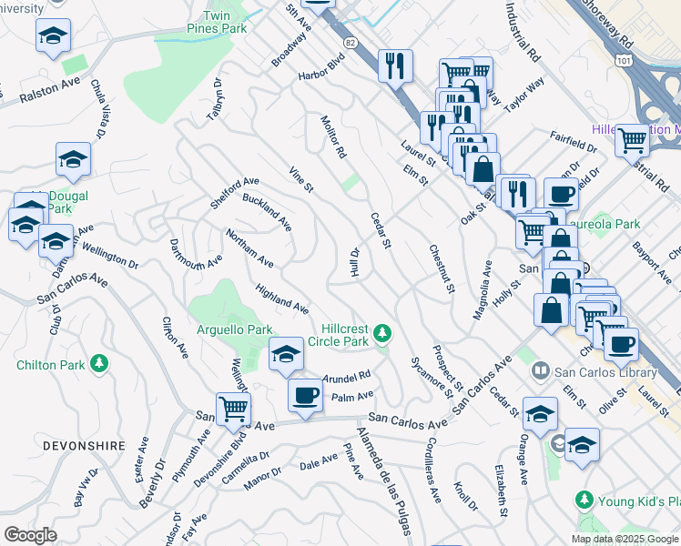 map of restaurants, bars, coffee shops, grocery stores, and more near 141 Hillcrest Road in San Carlos