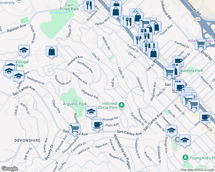 map of restaurants, bars, coffee shops, grocery stores, and more near 141 Hillcrest Road in San Carlos