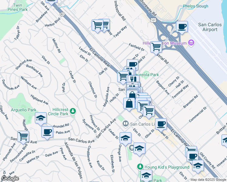 map of restaurants, bars, coffee shops, grocery stores, and more near 1290 Holly Street in San Carlos