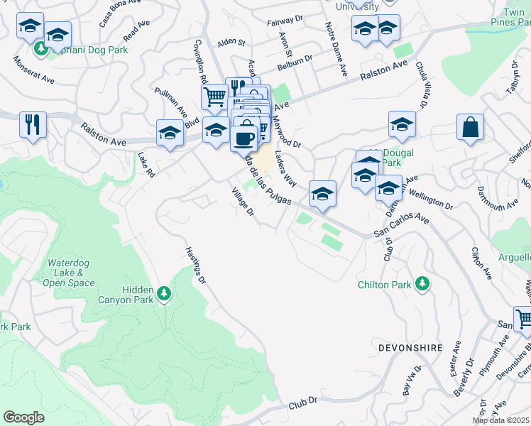 map of restaurants, bars, coffee shops, grocery stores, and more near 2120 Valerga Drive in Belmont