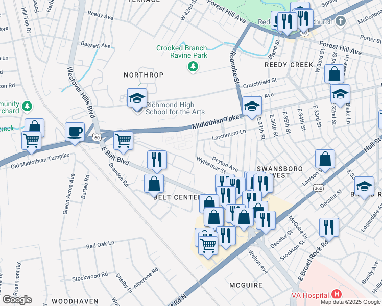 map of restaurants, bars, coffee shops, grocery stores, and more near 301 East Belt Boulevard in Richmond