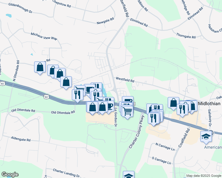 map of restaurants, bars, coffee shops, grocery stores, and more near 1100 Winterlake Drive in Midlothian