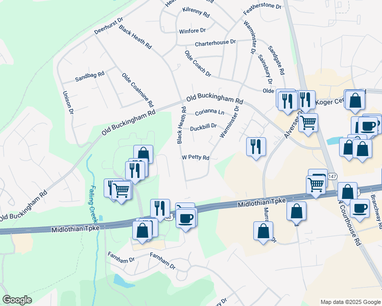 map of restaurants, bars, coffee shops, grocery stores, and more near 12010 West Petty Road in Midlothian