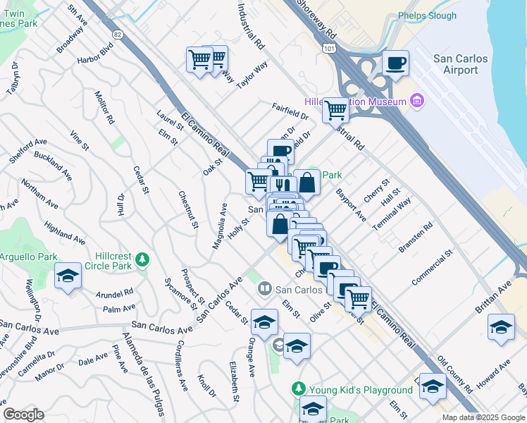 map of restaurants, bars, coffee shops, grocery stores, and more near 533 Laurel Street in San Carlos
